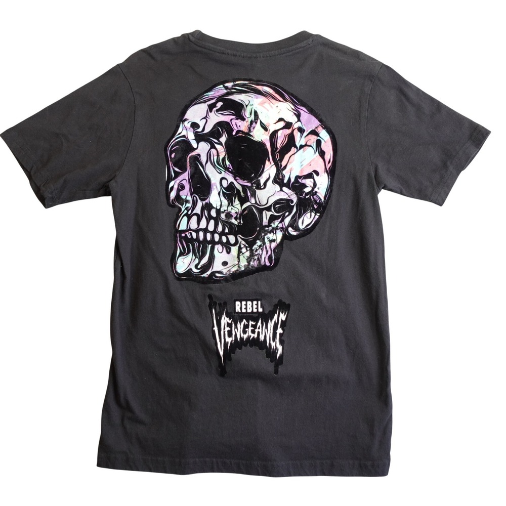 Vintage Y2K Rebel Vengeance T Shirt Mens S Black Skull Graphic Goth Punk Velvet